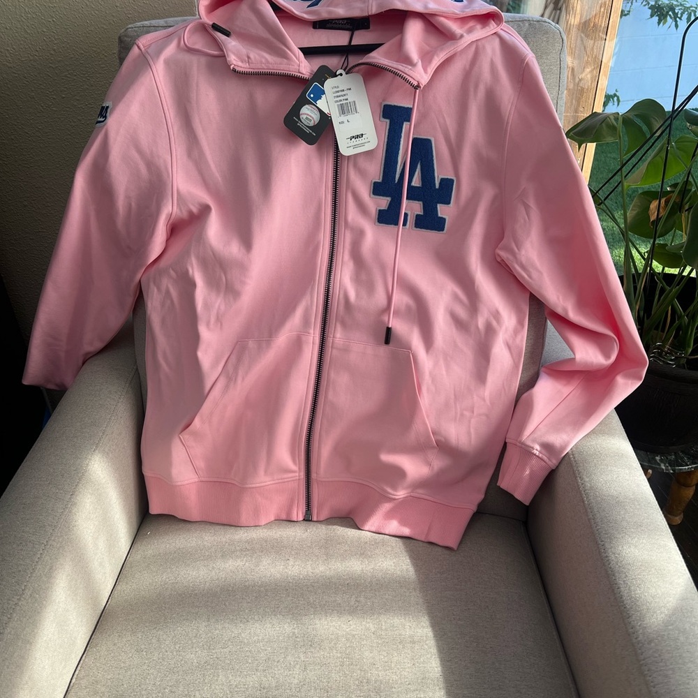 Pink Women's Los Angeles Dodgers zip up hoodie with Blue Logo